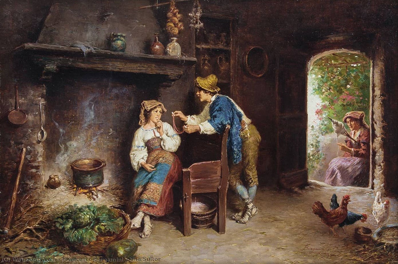 Pintura de um homem mostrando um colar para uma mulher