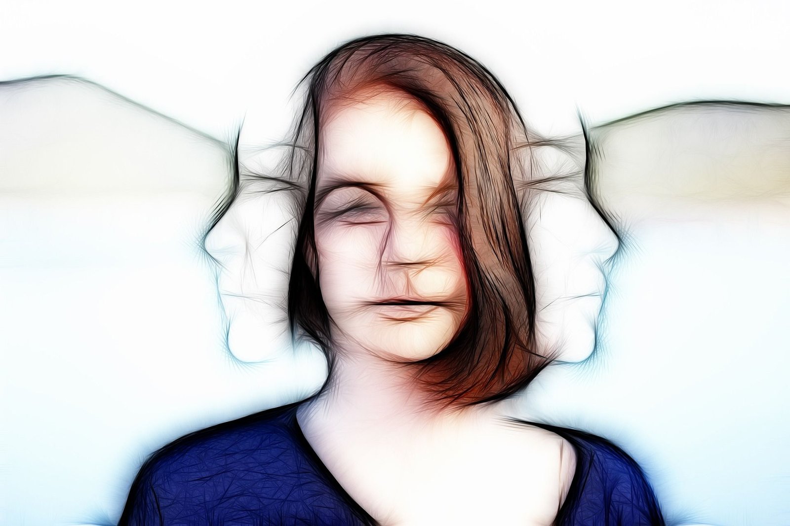 Ilustração de uma mulher com dois rostos de perfil ao seu lado