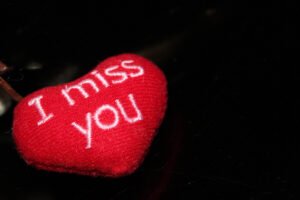 Um coração de pelúcia vermelho escrito i miss you em branco