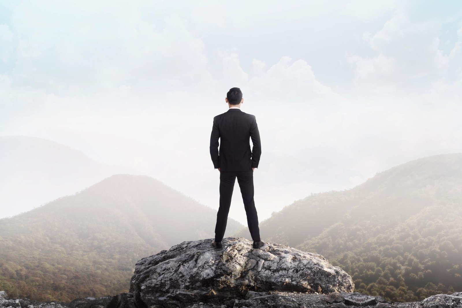 Uma homem usando terno, de costas e no alto de uma grande pedra, admirando a paisagem