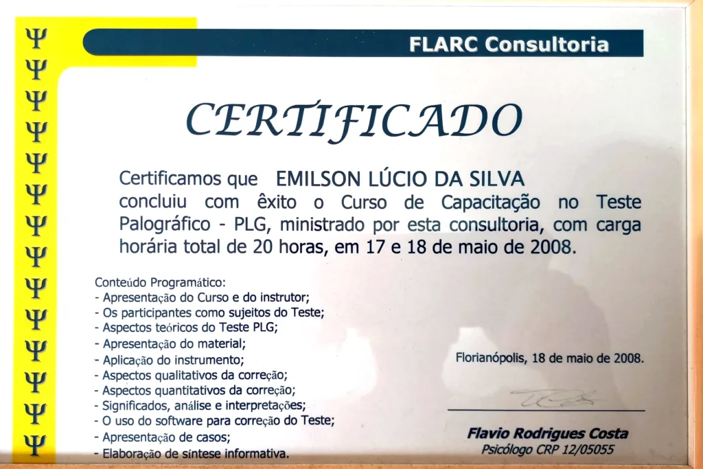 Certificado do curso de capacitação no teste Palográfico